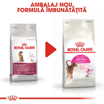 Comparare ambalaj vechi și nou pentru Royal Canin Exigent hrană uscată pisici; text vizibil: „AMBALAJ NOU, FORMULA IMBUNĂTĂȚITĂ”, „AROMA Exigent” pe noul pachet.