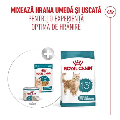 Royal Canin 15+ Pisici Senior hrană umedă și uscată, recomandare: combinație pentru o experiență optimă de hrănire. Ambalaje cu imaginea unei pisici. Royal Canin 15+ Pisici Senior hrană umedă și uscată, recomandare: combinație pentru o experiență optimă de hrănire. Ambalaje cu imaginea unei pisici.