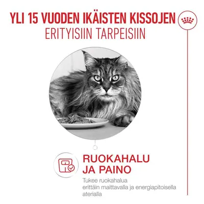 Kuva kissasta ruoan kanssa. Teksti: Yli 15-vuotiaiden kissojen erityistarpeisiin. Ruokahalu ja paino. Tukee ruokahalua erittäin maistuvalla ja energiapitoisella aterialla. Kuva kissasta ruoan kanssa. Teksti: Yli 15-vuotiaiden kissojen erityistarpeisiin. Ruokahalu ja paino. Tukee ruokahalua erittäin maistuvalla ja energiapitoisella aterialla.