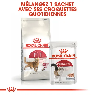 Mélangez 1 sachet avec ses croquettes quotidiennes. Paquet Royal Canin Regular Fit 32 et sachet Royal Canin Instinctive 85 g visibles.