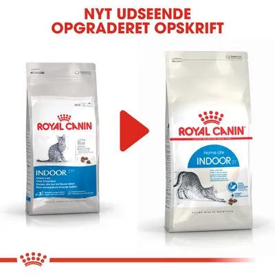 Royal Canin Indoor 27 kattefoder, billede viser ændring fra tidligere til nyt design med teksten 'NYT UDSEENDE OPGRADERET OPSKRIFT' øverst.
