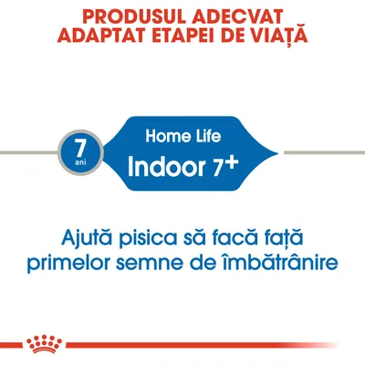 Produs adecvat etapei de viață. Home Life Indoor 7+. Ajută pisica să facă față primelor semne de îmbătrânire. 7 ani.