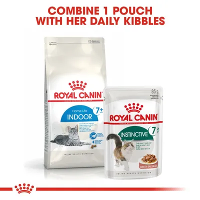 Royal Canin Home Life Indoor 7+ dry cat food bag and Royal Canin Instinctive 7+ gravy pouch, 85g. Text: Combine 1 pouch with her daily kibbles.