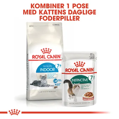Royal Canin Home Life Indoor 7+ tørfoder og Royal Canin Instinctive 7+ vådfoder til kat. Tekst: Kombiner 1 pose med kattens daglige foderpiller.