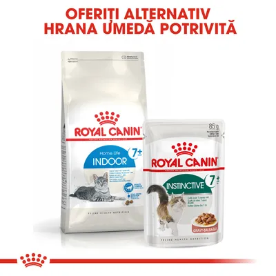 ROYAL CANIN Home Life Indoor 7+ hrană uscată pentru pisici și ROYAL CANIN Instinctive 7+ hrană umedă, ambalaje vizibile. Text: OFERIȚI ALTERNATIV HRANA UMEDĂ POTRIVITĂ.