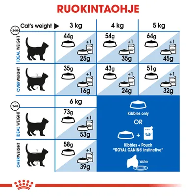 Ruokintaohje kissan painon mukaan: 3–6 kg, ihanne- ja ylipainoisille. Esim. 4 kg ihannepaino: 54 g kuivaruokaa tai 35 g + annospussi. Royal Canin mainittu.