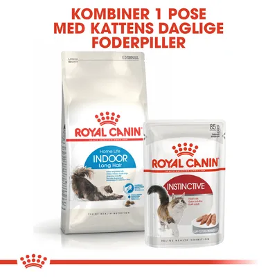 Royal Canin Home Life Indoor Long Hair tørfoder og Royal Canin Instinctive vådfoder 85 g. Tekst: Kombiner 1 pose med kattens daglige foderpiller.