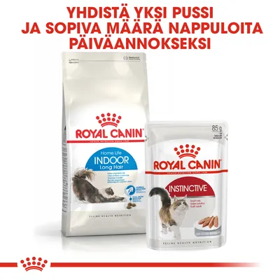 ROYAL CANIN Home Life Indoor Long Hair -kuivaruoka ja ROYAL CANIN Instinctive 85 g -märkäruokapussi. Yhdistä yksi pussi ja sopiva määrä nappuloita päiväannokseksi.