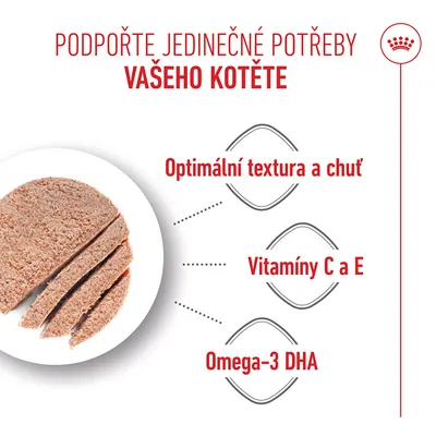Optimální textura a chuť, vitaminy C a E, omega-3 DHA. Abrazek produktu s průřezem paštiky. Optimální textura a chuť, vitaminy C a E, omega-3 DHA. Abrazek produktu s průřezem paštiky.