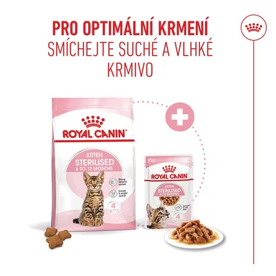 Royal Canin Kitten Sterilised 6 až 12 měsíců suché a vlhké krmivo. Doporučení: kombinujte suché a vlhké krmivo pro optimální krmení.