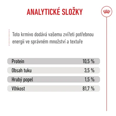 Analýza: bílkoviny 10,5 %, obsah tuku 3,5 %, hrubý popel 1,5 %, vlhkost 81,7 % Analýza: bílkoviny 10,5 %, obsah tuku 3,5 %, hrubý popel 1,5 %, vlhkost 81,7 %