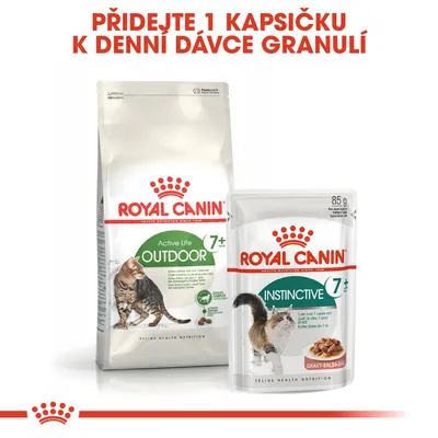 ROYAL CANIN Active Life Outdoor 7+ granule a Instinctive 7+ kapsička pro kočky, text: Přidejte 1 kapsičku k denní dávce granulí. Balení 85 g.