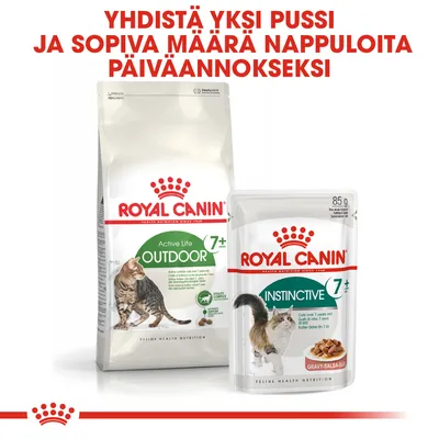 ROYAL CANIN Active Life Outdoor 7+ kissanruokapussi ja Instinctive 7+ annospussi. Ylhäällä teksti: Yhdistä yksi pussi ja sopiva määrä nappuloita päiväannokseksi.