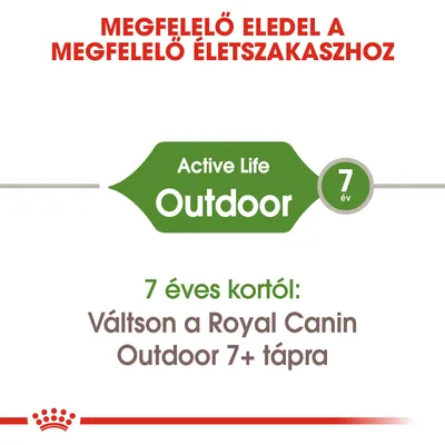 Megfelelő eledel a megfelelő életszakaszhoz. Active Life Outdoor 7 év. 7 éves kortól: Váltson a Royal Canin Outdoor 7+ tápra.