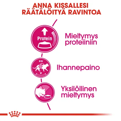 Anna kissallesi räätälöityä ravintoa: mieltymys proteiiniin, ihannepaino, yksilöllinen mieltymys. Kuvakkeet ja tekstit korostavat näitä kolmea ominaisuutta.