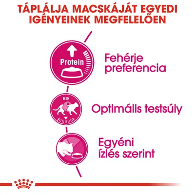 Táplálja macskáját egyedi igényeinek megfelelően: fehérje preferencia, optimális testsúly, egyéni ízlés szerint. Protein, KG feliratok láthatók.