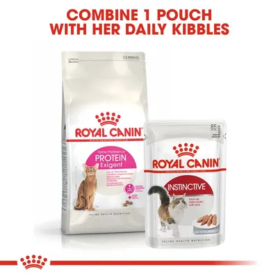 Royal Canin Feline Preference Protein Exigent dry food bag and Royal Canin Instinctive 85g wet pouch for adult cats. Text: Combine 1 pouch with her daily kibbles.