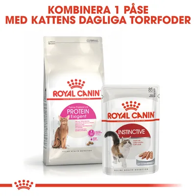 Royal Canin Feline Preference Protein Exigent torrfoder och Royal Canin Instinctive våtfoder 85 g. Text: Kombinera 1 påse med kattens dagliga torrfoder.