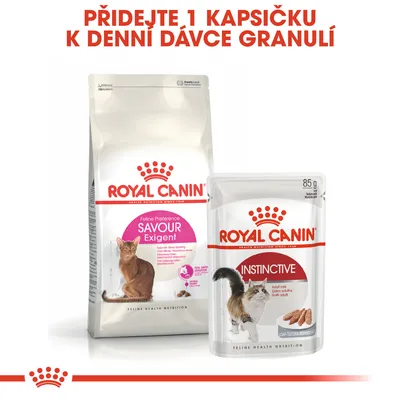ROYAL CANIN Savour Exigent granule a ROYAL CANIN Instinctive kapsička 85 g. Text: Přidejte 1 kapsičku k denní dávce granulí.