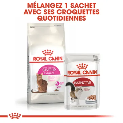 ROYAL CANIN Savour Exigent croquettes pour chat et ROYAL CANIN Instinctive sachet 85 g. Texte : Mélangez 1 sachet avec ses croquettes quotidiennes.