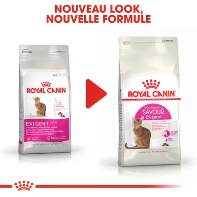 Comparaison de deux paquets Royal Canin pour chats difficiles : à gauche ancien design 'Exigent 35/30', à droite nouveau look 'Feline Preference Savour Exigent'. Texte : Nouveau look, nouvelle formule.