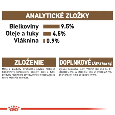 Analytické zložky: bielkoviny 9,5 %, oleje a tuky 4,5 %, vláknina 0,9 %. Zloženie: mäso, rastlinné koncentráty, obilniny, minerály. Doplnkové látky: vitamín D3, železo, jód, meď, mangán, zinok.