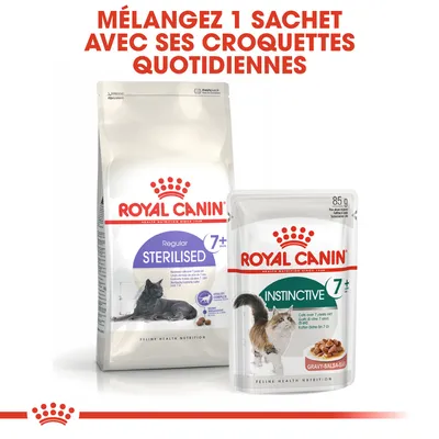 Texte : Mélangez 1 sachet avec ses croquettes quotidiennes. Paquet Royal Canin Sterilised 7+ et sachet Royal Canin Instinctive 7+, pour chats de plus de 7 ans, 85 g.