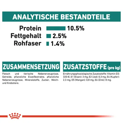 Analytische Bestandteile: Protein 10,5%, Fettgehalt 2,5%, Rohfaser 1,4%. Zusammensetzung: Fleisch, Getreide, Mineralstoffe, Zucker, Weich- und Krebstiere. Zusatzstoffe: Vitamine, Mineralien.