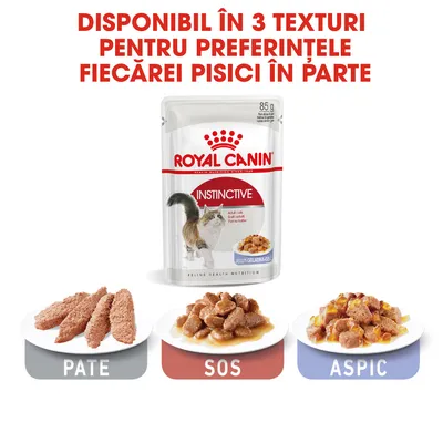 Royal Canin Instinctive pentru pisici, disponibil în 3 texturi: pate, sos, aspic. Ambalaj de 85 g și imagini cu fiecare tip de textură pe farfurii separate. Text vizibil: „Disponibil în 3 texturi...”