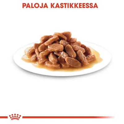 Paloja kastikkeessa -teksti ylhäällä, lautasella ruskeita kastikkeessa olevia paloja. Alhaalla punainen kruunu ja viiva.
