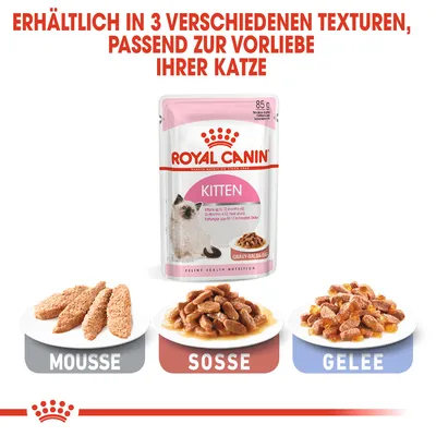 Royal Canin Kitten hrana za mačiće, dostupna u 3 teksture: mousse, sosse, gelee. Tekst na njemačkom: erhältlich in 3 verschiedenen Texturen, passend zur Vorliebe Ihrer Katze.