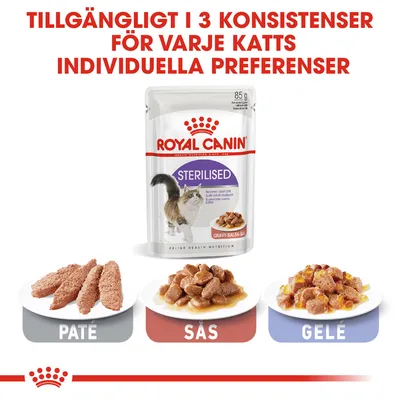 Royal Canin Sterilised våtfoder för katt, 85 g. Finns i tre konsistenser: paté, sås och gelé. Text: Tillgängligt i 3 konsistenser för varje katts individuella preferenser.