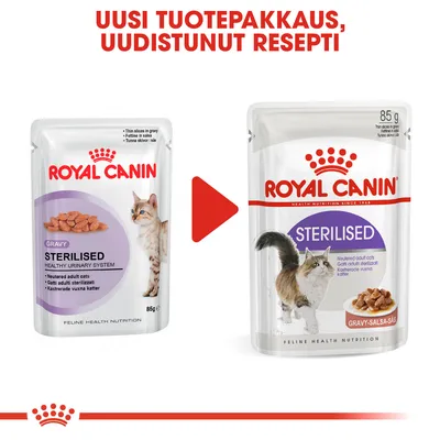 Royal Canin Sterilised kissanruoan uusi ja vanha pakkaus, 85 g. Teksti: Uusi tuotepakkaus, uudistunut resepti.