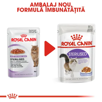 Royal Canin Sterilised Jelly pentru pisici adulte sterilizate, ambalaj vechi și nou, 85 g. Text vizibil: Ambalaj nou, formula îmbunătățită.