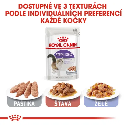 Royal Canin Sterilised 85 g, dostupné ve 3 texturách: paštika, šťáva, želé. Nápis: Dostupné ve 3 texturách podle individuálních preferencí každé kočky.