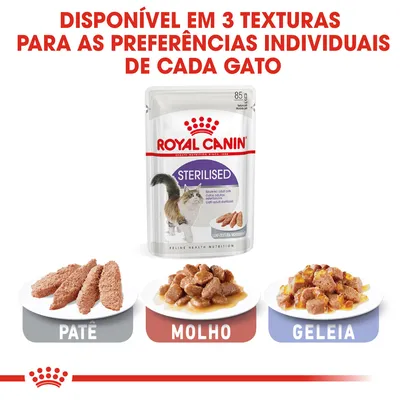 Royal Canin Sterilised disponível em 3 texturas: patê, molho e geleia. Embalagem de 85 g visível. Texto: Disponível em 3 texturas para as preferências individuais de cada gato.
