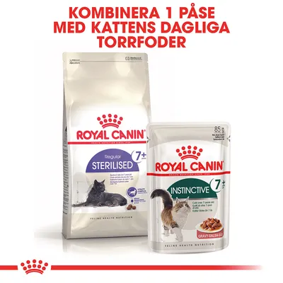 Royal Canin Regular Sterilised 7+ torrfoder och Instinctive 7+ våtfoder för katt. Text: Kombinera 1 påse med kattens dagliga torrfoder.