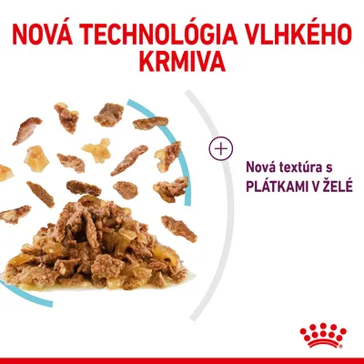 Nová technológia vlhkého krmiva. Nová textúra s plátkami v želé.
