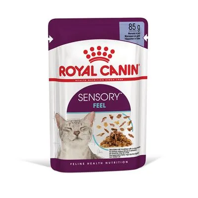 Royal Canin Sensory Feel kattenvoer, 85 g. Afbeelding van kat en voer in saus op de verpakking. Tekst: Feline Health Nutrition.