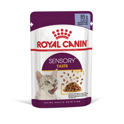 Royal Canin Sensory Taste kissan märkäruoka, 85 g annospussi. Kuvassa kissan kuva ja ruoan paloja hyytelössä. Pakkauksessa teksti: Chunks in jelly.