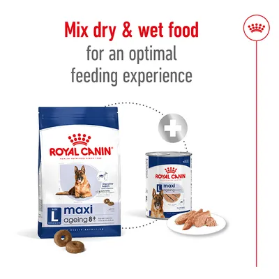 Mix dry and wet food for an optimal feeding experience. Image shows Royal Canin Maxi Ageing 8+ dry food bag and wet food can with a plus sign between them.