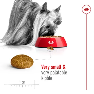Image shows a pet eating from a bowl, highlighting very small and very palatable kibble with a close-up of the kibble next to a 1 cm scale.