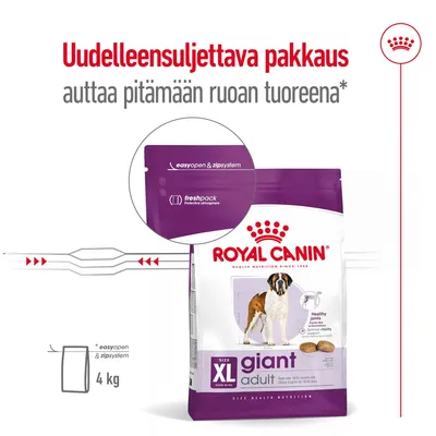 Royal Canin XL giant adult -koiranruoka, 4 kg uudelleensuljettava pakkaus. Teksti: Uudelleensuljettava pakkaus auttaa pitämään ruoan tuoreena. easyopen & zipsystem, freshpack.
