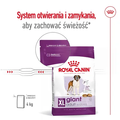 Royal Canin giant adult XL 4 kg, system easyopen & zipsystem, freshpack. System otwierania i zamykania, aby zachować świeżość.