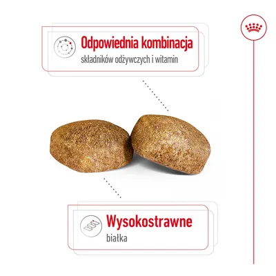 Dwie granulki karmy, tekst: Odpowiednia kombinacja składników odżywczych i witamin, Wysokostrawne białka.