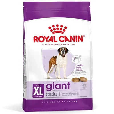 Embalagem de ração Royal Canin Giant Adult, tamanho XL, para cães adultos com mais de 45 kg. Texto visível: Healthy joints, optimal vitality support, adapted kibble size.
