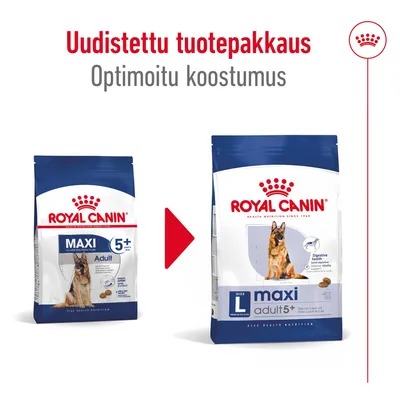 Royal Canin -koiranruoan uudistettu pakkaus ja optimoitu koostumus. Vasemmalla vanha, oikealla uusi pakkaus: maxi adult 5+, saksanpaimenkoira kuvassa.