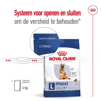 Royal Canin maxi adult 5+ hondenvoer, 4 kg zak met easyopen & zipsystem en freshpack. Systeem voor openen en sluiten om de versheid te behouden staat in beeld.