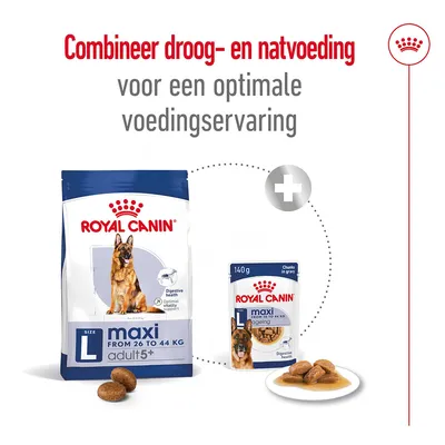 Combineer droog- en natvoeding voor een optimale voedingservaring. Royal Canin maxi adult 5+ L van 26 tot 44 kg, droogvoer en natvoer 140 g zichtbaar.