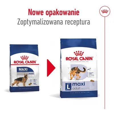 Nowe opakowanie i zoptymalizowana receptura karmy Royal Canin Maxi Adult. Porównanie starego i nowego opakowania z widocznymi nazwami oraz grafiką psa.